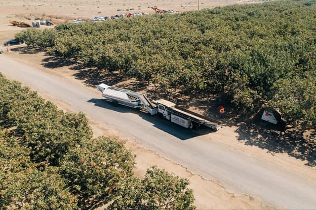 A Oxbo pistachio receiver collects pistachios in California.