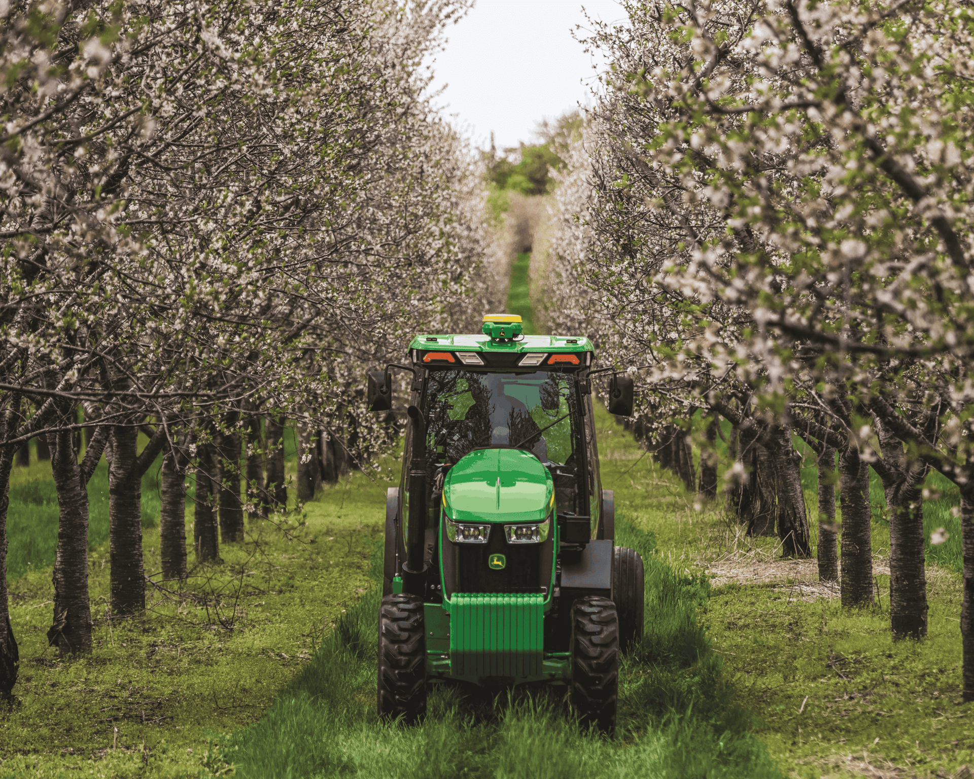 A John Deere specialty tractor sprays trees on an orchard in California.